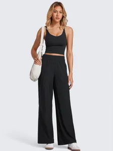 Women's casual high waist solid color loose wide leg sweatpants with tank top set for daily.
