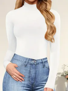 Women's casual high neck long sleeve slim fit basic bodysuit detail shot in white.