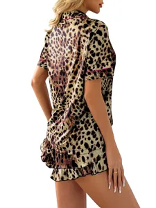 Leopard print short sleeve shorts pajama set women smooth breathable loungewear detail