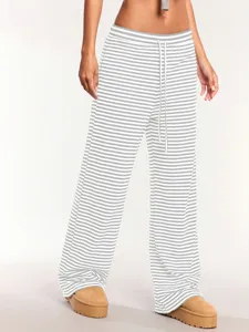 Detail view of Y2K striped wide leg pants, casual drawstring trousers with nice drape.