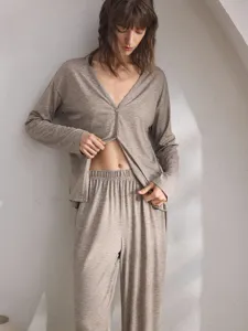 Damen Langarm Loungewear Set V-Ausschnitt Cardigan und Hose Herbst Hausanzug Outfit