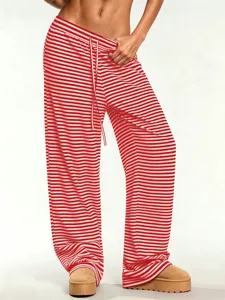 Y2K Red White Striped Casual Pants Loose Drawstring Straight Leg Trousers Women Spring