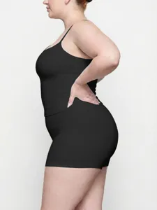 Plus size black camisole shorts set detail, stretch fit loungewear yoga activewear view.