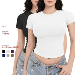 Women Casual Solid Color Crew Neck Basic Slim Short Sleeve Cropped T-Shirt Polyester Summer Fashion Top
