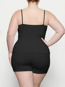Detailed back view of plus size black camisole and shorts set for daily comfort.