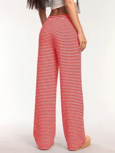 Red and white striped high waist wide leg pants casual straight trousers for women spring summer