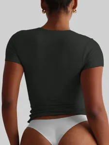 Donna maglietta manica corta vestibilità slim collo tondo top estivo basic elegante