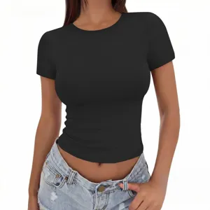Solid round neck basic fitted short sleeve cropped t-shirt for women summer casual wear.