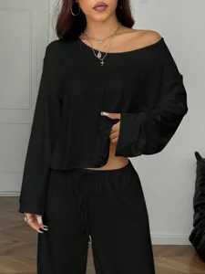 Off-shoulder long sleeve top and wide leg pants casual lounge set, stylish daily wear detail view.