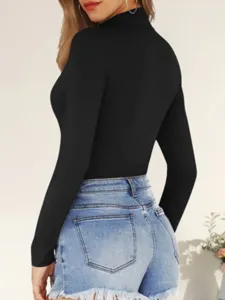 Close-up detail view of the black mock neck long sleeve slim fit bodysuit for women.