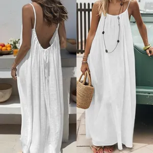 Summer beach women white backless maxi dress, solid color ruched spaghetti strap long dress