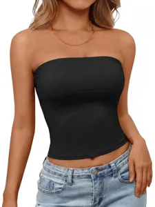 Schwarzes trägerloses Bandeau-Top im Detail, weicher Stretch-Stoff, sommerliches Basic.