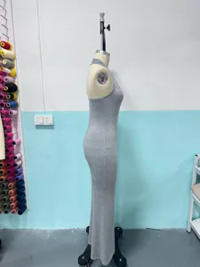Grey halter neck bodycon sleeveless long jumpsuit sexy slim fit casual gym activewear outfit