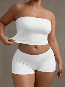 Solid white strapless crop top and matching shorts set, stretchy slim fit plus size loungewear.
