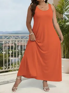 Detail view of a solid orange sleeveless maxi tank dress, elegant plus size women's apparel.