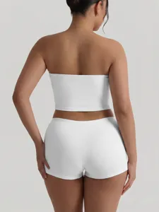 White strapless crop top and shorts set, solid color slim fit summer loungewear outfit.