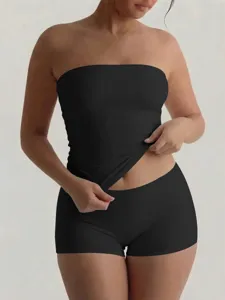 Women black strapless tube top and shorts set slim fit summer casual streetwear sexy outfit
