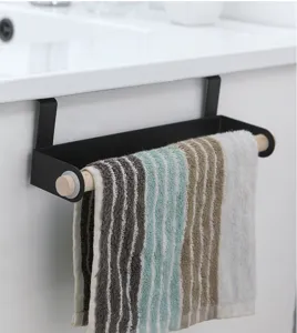 Over cabinet towel rack for kitchen and bathroom, wall-free black metal holder with wooden rod.