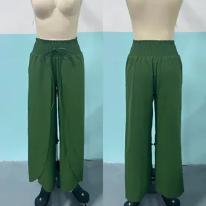Dark green high waist split wide leg pants women elegant double layer casual trousers