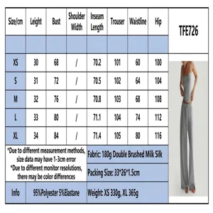 Women casual camisole and wide-leg trousers lounge set detail size chart and specifications.