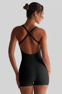 Women black ribbed jumpsuit detail view, back cross strap tight stretchy romper shorts