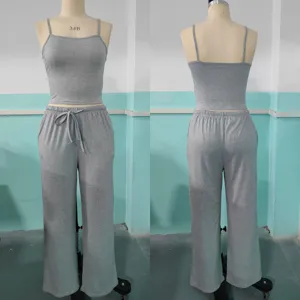 Women grey casual lounge set crop camisole tank top and wide leg pants 2-piece outfit
