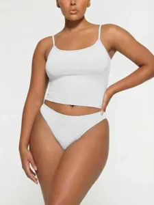 Plus size white camisole and briefs set, summer sleeveless top underwear detail.