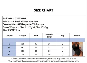 Detail view of women cross halter bodysuit size chart and fabric composition details.