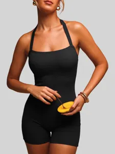Women black halter ribbed romper summer casual sleeveless square neck stretch fitted jumpsuit
