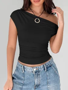 Top a costine monospalla dettaglio, moda strada estiva sexy aderente elegante per donna