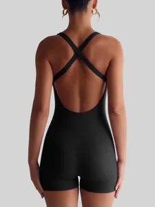 Women's ribbed cross back one piece romper bodysuit, back detail view, stretch slim fit.
