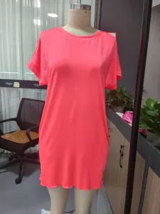 Vestido casual de manga corta holgado para mujer cuello redondo cómodo ropa diaria de color liso