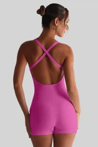 Women summer pink ribbed romper back view, casual stretchy sleeveless jumpsuit detail.