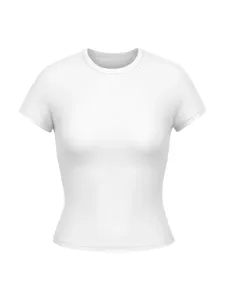 Λευκό βασικό στενό κοντομάνικο t-shirt με στρογγυλή λαιμόψη, ελαστικό και άνετο ύφασμα.