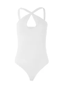 White ribbed cross halter neck slim fit bodysuit detail view for women summer sexy style.