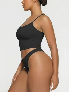 Black camisole top and panties underwear set detail view, soft fabric stretch basic daily wear.