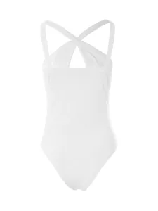 White ribbed cross-back bodysuit, sexy low-cut slim fit basic summer inner wear piece.