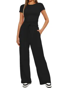 Ensemble deux pièces décontracté uni haut à manches courtes pantalon large taille haute.