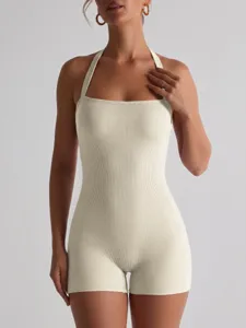 Women ribbed halter neck romper casual solid color stretchy short jumpsuit variant