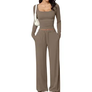 detailed view of womens solid khaki long sleeve crop top and wide leg trousers set