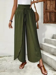 High waisted split wide leg pants detail view, elegant olive green double layer design.