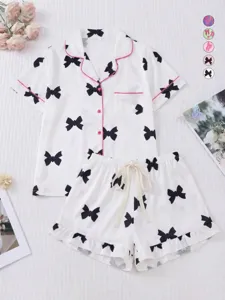 Set pajama donna a maniche corte con stampa fiocco nero e bordo rosa, pigiama carino.