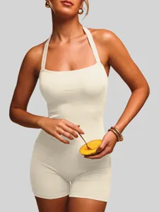 Summer women ribbed halter romper sexy square neck slim fit elastic bodysuit for daily wear