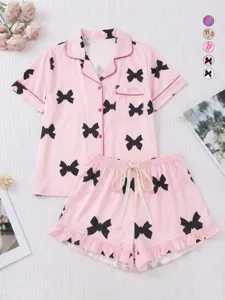 Completo pigiama corto donna rosa stampa fiocco abbigliamento notte estivo carino