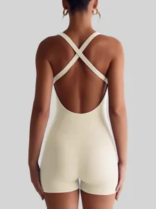Back detail of women's ribbed backless bodysuit, stretchy slim summer shorts jumpsuit.