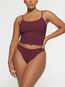 Detailed view of the maroon camisole and matching underwear set, stylish and comfortable.