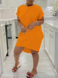 Vestido holgado y cómodo de manga corta con cuello redondo naranja para mujer detalle