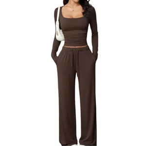 Women casual brown long sleeve crop top and high waist wide leg lounge pants set