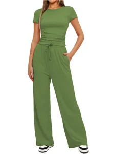 Ensemble lounge uni haut à manches courtes et pantalon ample taille haute pour femme