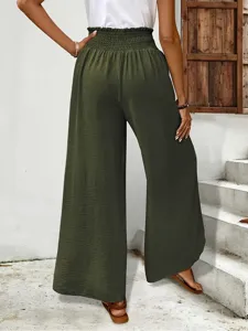 High-waisted pleated green wide leg pants casual long trousers for women detail view